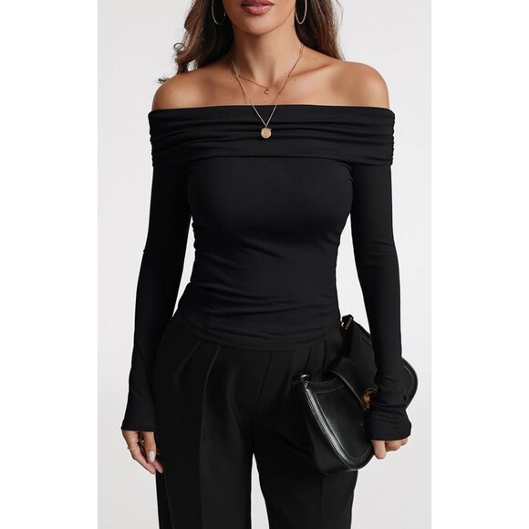 Women's Sexy Off Shoulder Tops Dressy Casual Slim Fit Long Sleeves Medium Black - Picture 2 of 4
